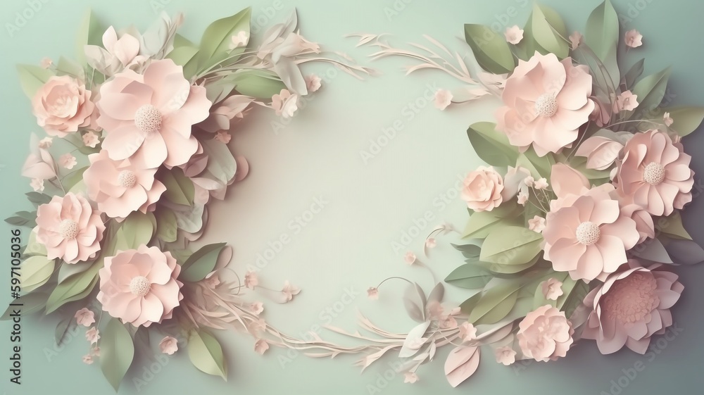 Flower frame with space for your text. Pastel colors. Greeting card design, birthday, mother's day, wedding, etc. AI generated. Flower frame with space for your text. Pastel colors. Greeting card design, birthday, mother's day, wedding, etc. AI generated.