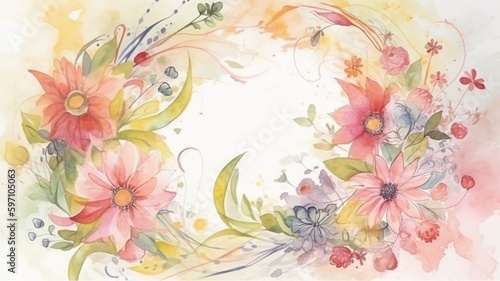 Watercolor floral background with place for text. Watercolor painting. Greeting card design, birthday, mother's day, wedding, etc. AI generated.