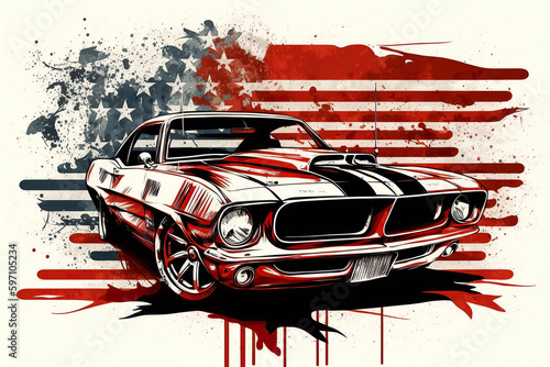American Muscle Car  Silhouette 60s  american flag   illustration for  tshirt design  ai generative