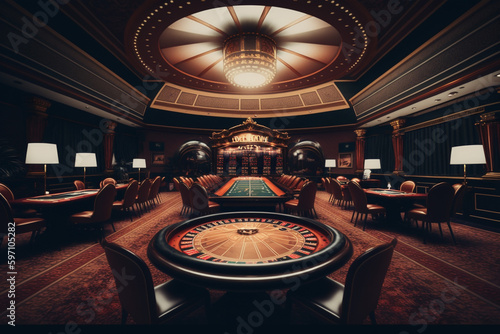 Fotografiet Inside of a casino roulette tables card tables dark hd wallpaper