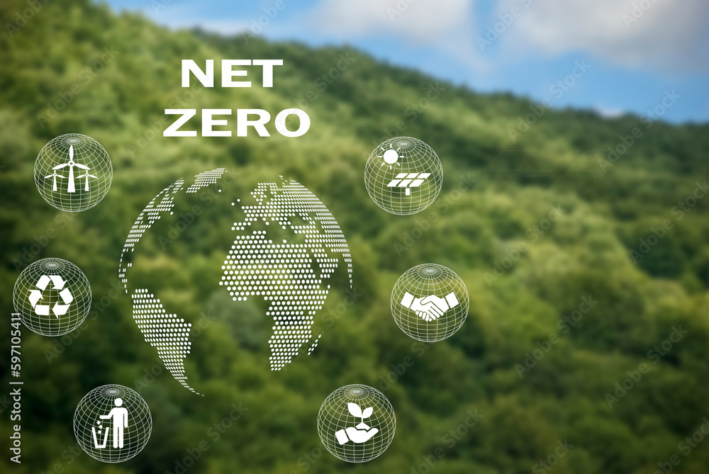 Ikony net zero w widoku z góry lasu dla środowiska naturalnego neutralnego pod względem emisji dwutlenku węgla oraz dla klimatu. Strategia długoterminowa cele emisji gazów cieplarnianych. - obrazy, fototapety, plakaty 
