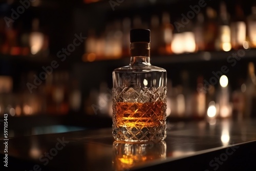 Whiskey bourbon glass crystal bottle close up, blur bar interior, copy space, Generative AI