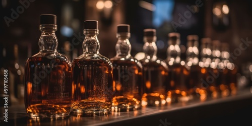 Whiskey bourbon bottles in a row  blur bar interior  Generative AI