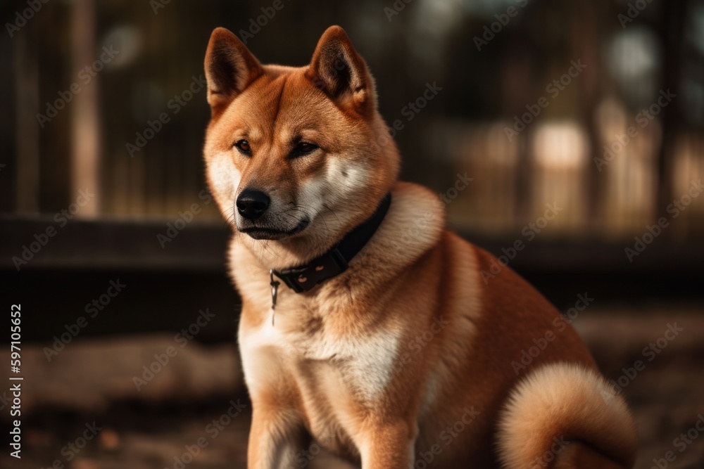 Conceptual portrait photography of an aggressive akita inu sitting against local parks and playgrounds background. With generative AI technology