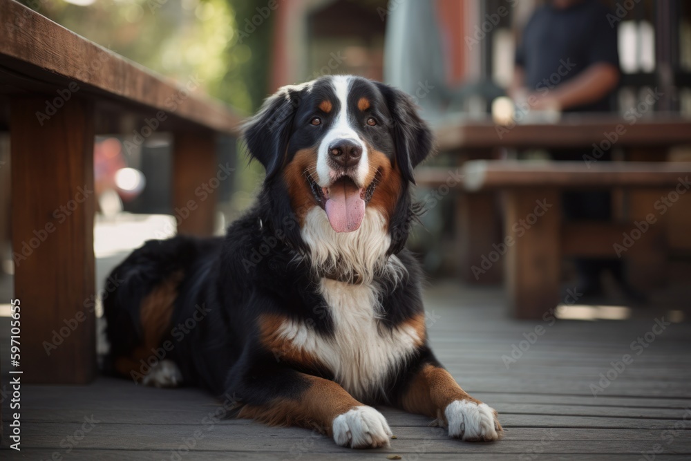Full-length portrait photography of a happy bernese mountain dog relaxing at a cafe against local parks and playgrounds background. With generative AI technology Full-length portrait photography of a happy bernese mountain dog relaxing at a cafe against local parks and playgrounds background. With generative AI technology