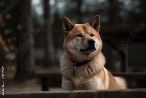 Conceptual portrait photography of an aggressive akita inu sitting against local parks and playgrounds background. With generative AI technology