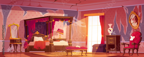 Abandoned broken victorian royal bedroom interior cartoon vector background. Old spooky house room with crack on mirror and torn wallpaper. Medieval indoor boudoir design with sunlight from window.