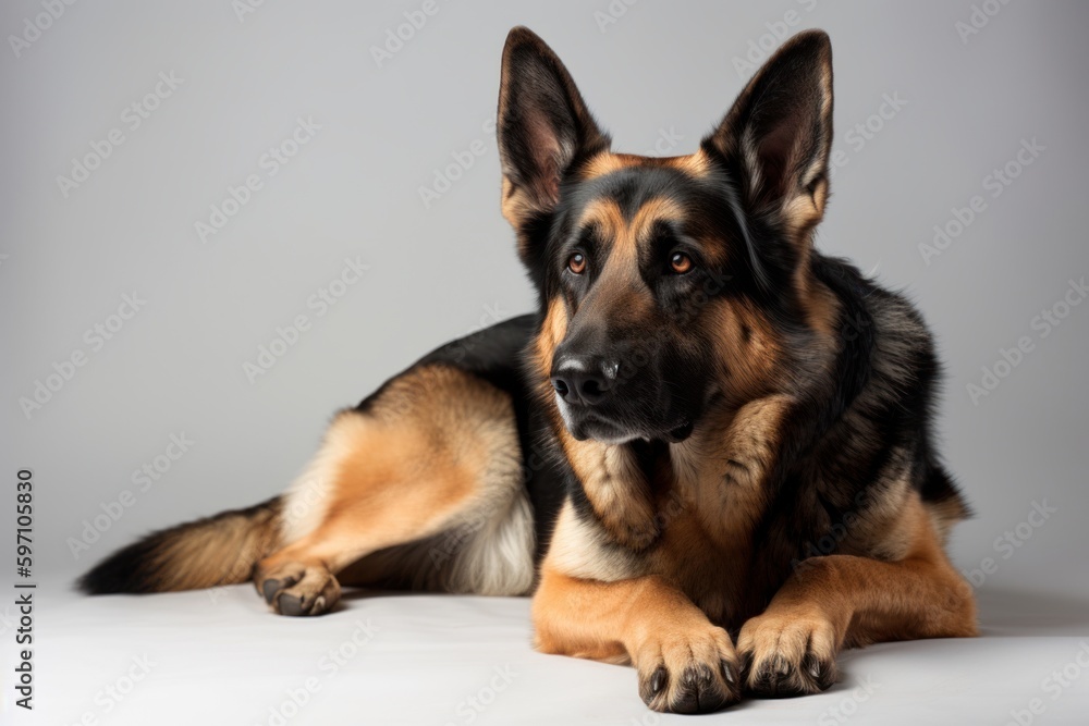 Environmental portrait photography of an aggressive german shepherd lying down against a white background. With generative AI technology