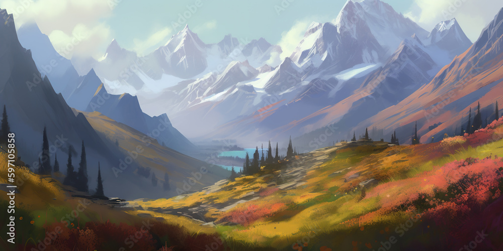 A beautiful colorful landscape illustration. Long fields, mountains.