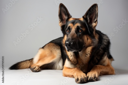 Environmental portrait photography of an aggressive german shepherd lying down against a white background. With generative AI technology © Markus Schröder