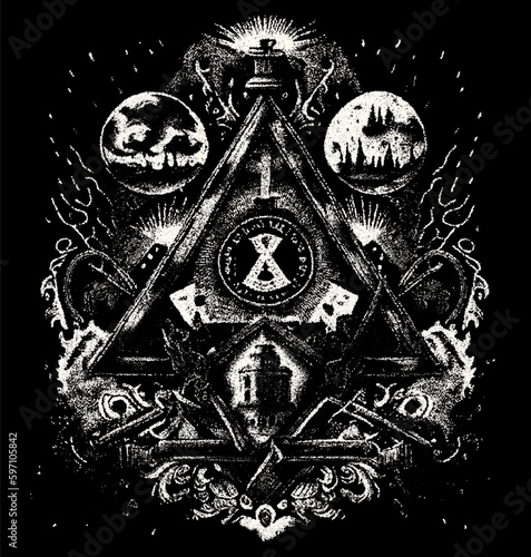 Occult symbols composition in dotwork style. Abstract mystic elements, floral wreath and sacred triangle in retro flat lay composition.