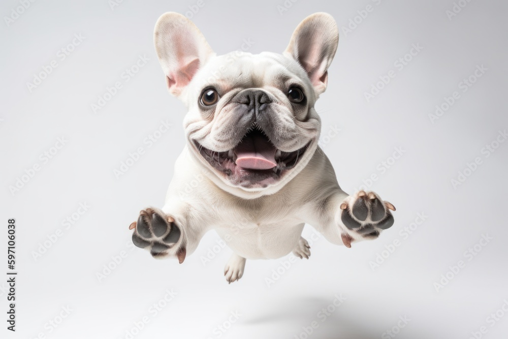 Environmental portrait photography of a happy french bulldog catching a ball in mid-air against a white background. With generative AI technology