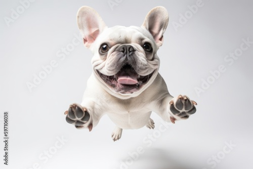 Environmental portrait photography of a happy french bulldog catching a ball in mid-air against a white background. With generative AI technology