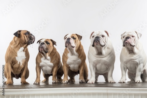 Group portrait photography of a curious bulldog drinking from a water fountain against a white background. With generative AI technology