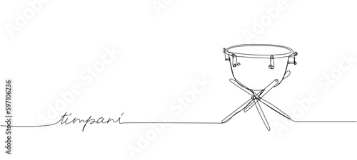 Timpani one line art. Continuous line drawing of Ethnic Drum, music, performer, song, vintage, rock, instrument, band, percussion, sound, bass, musician with an inscription, lettering, handwritten.