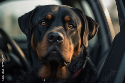 Lifestyle portrait photography of a curious rottweiler riding in a car against a white background. With generative AI technology