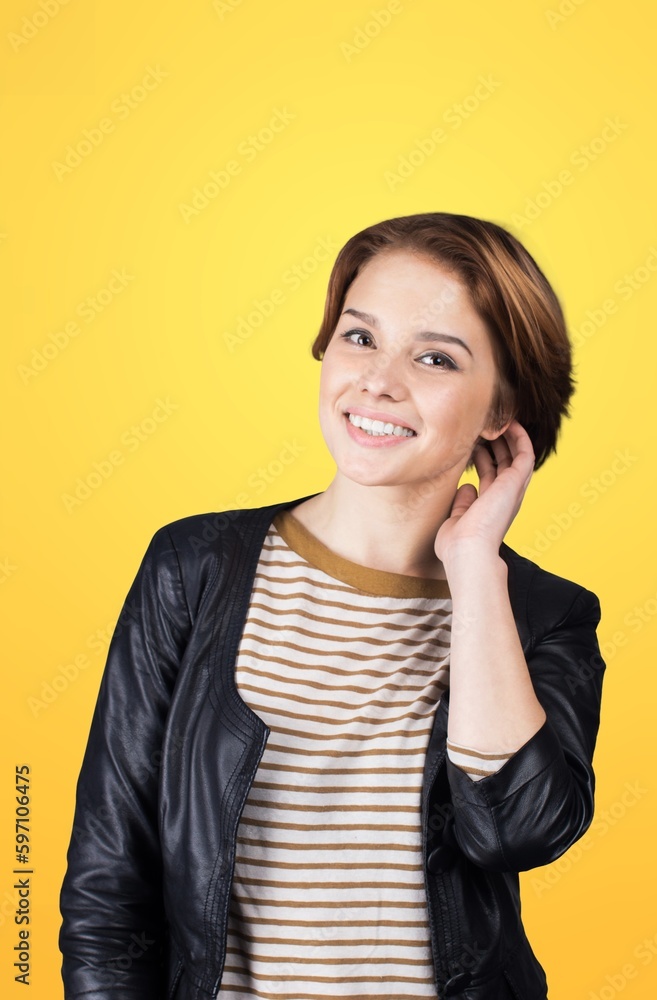 Embrace concept, young woman posing