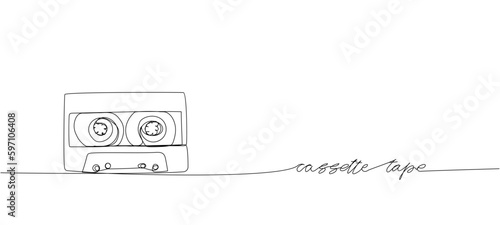 Audio cassette, tape one line art. Continuous line drawing of play, tape, song, cassette, audio, fix, group, classic, music, nostalgia, 80s, disco, 90s with an inscription, lettering, handwritten.