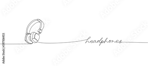 Headphones one line art. Continuous line drawing of music, headset, portable, audio, hear, dj, listen, listening, ear, electronic, mobile, radio with an inscription, lettering, handwritten.
