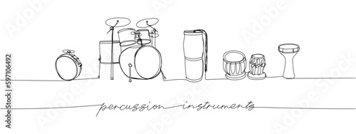Percussion instruments set one line art. Continuous line drawing of play, drum, timpani, tulumbas, buhai, darbuka, bongos, big drum, buhalo and cymbal, music, percussion bass musician