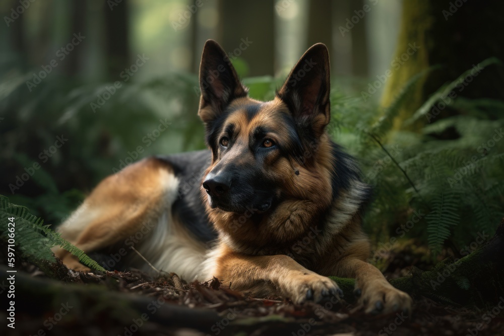 Full-length portrait photography of an aggressive german shepherd sleeping against a forest background. With generative AI technology
