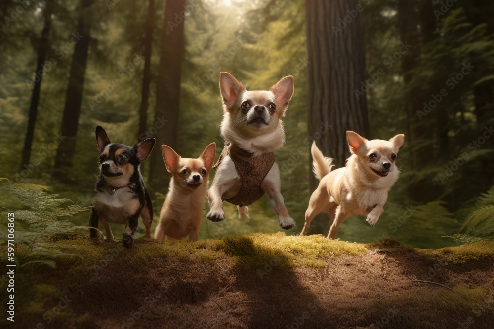 Group portrait photography of a happy chihuahua jumping against a forest background. With generative AI technology