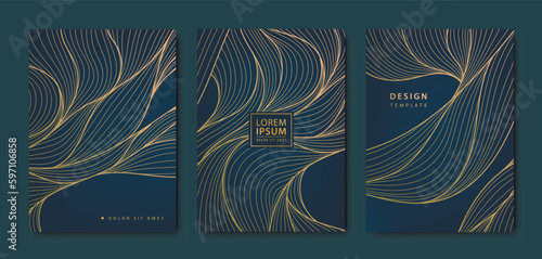 Vector japanese wavy art deco patterns. Flow golden elements template in vintage style. Luxury line covers, labels, frames, invitations, brochures, packaging, luxury products, perfume, soap, wine.
