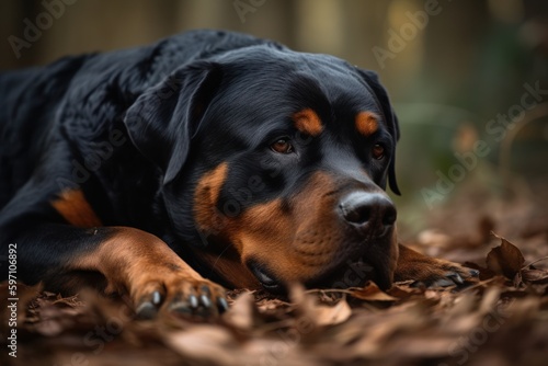 Lifestyle portrait photography of an aggressive rottweiler sleeping against a forest background. With generative AI technology