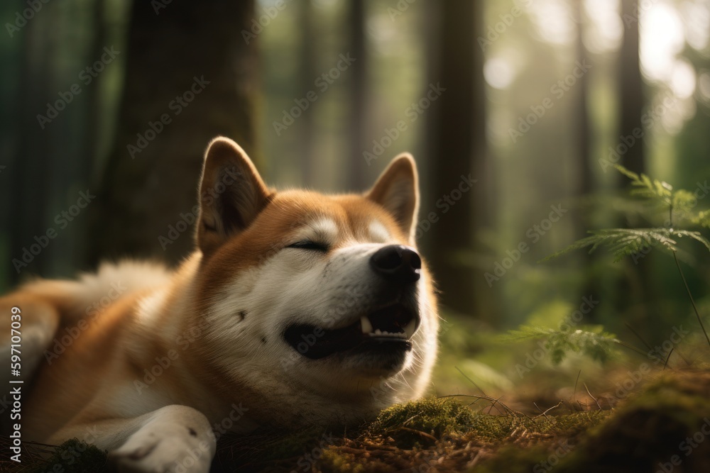 Environmental portrait photography of a happy akita inu sleeping against a forest background. With generative AI technology