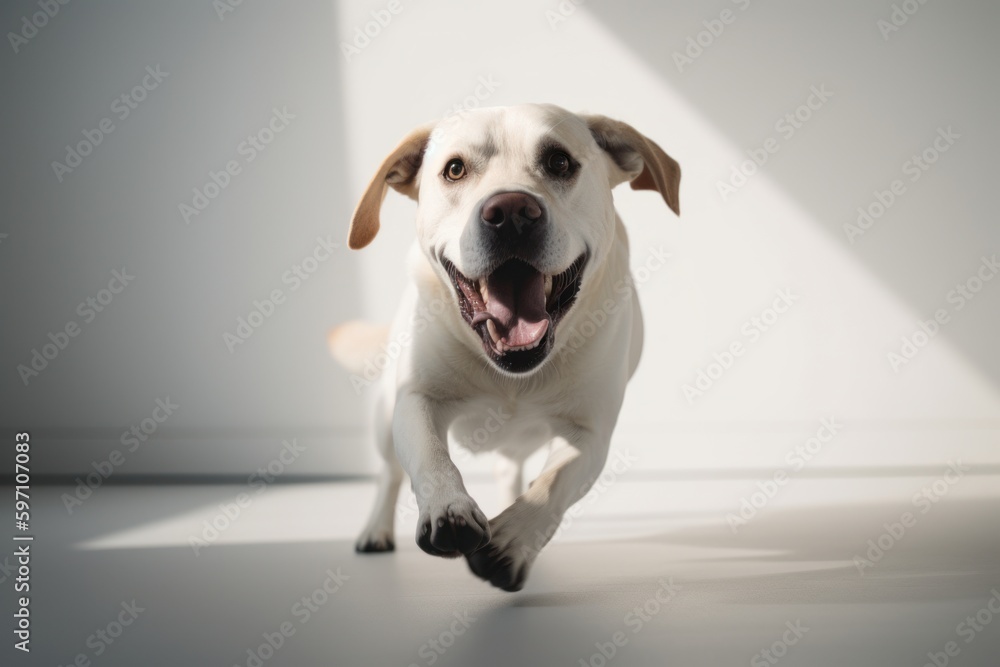 Environmental portrait photography of a happy labrador retriever running against a minimalist or empty room background. With generative AI technology Environmental portrait photography of a happy labrador retriever running against a minimalist or empty room background. With generative AI technology