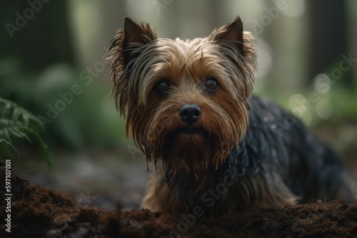 Medium shot portrait photography of an aggressive yorkshire terrier digging against a forest background. With generative AI technology © Markus Schröder