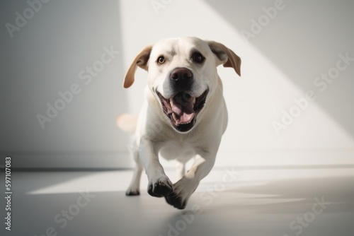Environmental portrait photography of a happy labrador retriever running against a minimalist or empty room background. With generative AI technology