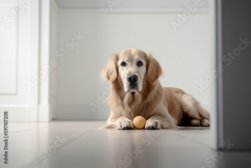 Medium shot portrait photography of a curious golden retriever having a toy in its mouth against a minimalist or empty room background. With generative AI technology