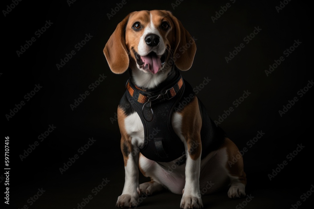 Medium shot portrait photography of a happy beagle wearing a harness against a minimalist or empty room background. With generative AI technology