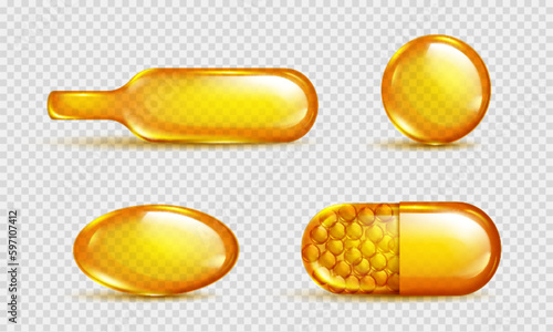 3d isolated oil vitamin d, q10 pill gelatin capsule icon isolated on transparent background. Gold omega medicine with liquid droplet. Medical realistic collagen supplement for skin treatment mockup.
