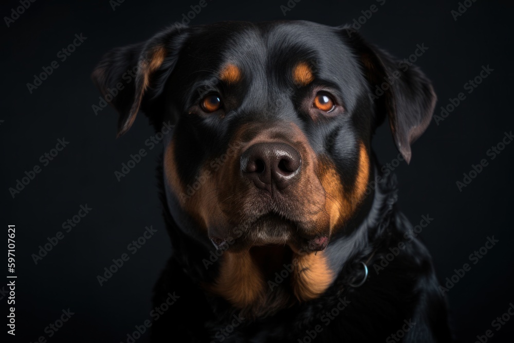 Group portrait photography of a curious rottweiler being at a farmer's market against a minimalist or empty room background. With generative AI technology Group portrait photography of a curious rottweiler being at a farmer's market against a minimalist or empty room background. With generative AI technology