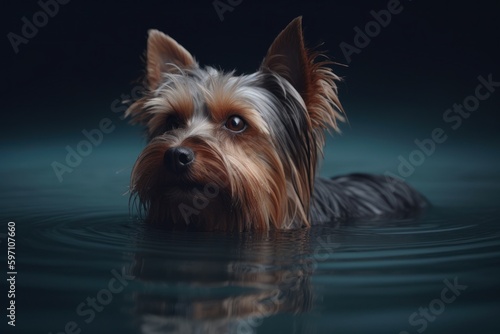 Full-length portrait photography of a curious yorkshire terrier swimming in a lake against a minimalist or empty room background. With generative AI technology © Markus Schröder