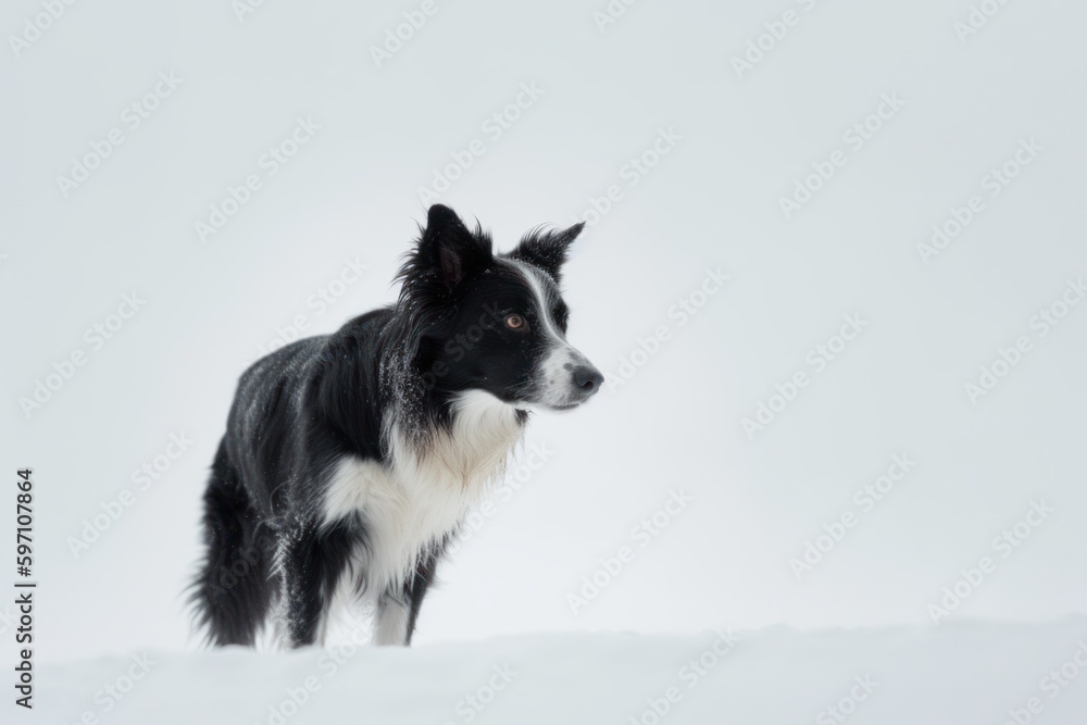 Medium shot portrait photography of an aggressive border collie playing in the snow against a minimalist or empty room background. With generative AI technology