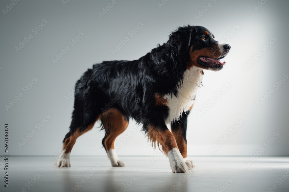 Environmental portrait photography of an aggressive bernese mountain dog catching a frisbee against a minimalist or empty room background. With generative AI technology