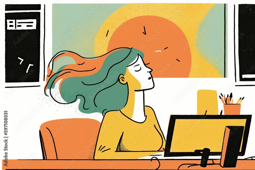 Overworked creative woman takes a deep breath to relax, simple flat design. AI generated. Overworked creative woman takes a deep breath to relax, simple flat design. AI generated.
