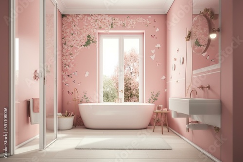 Pink kids bathroom wall mockup on interior background. Generative AI