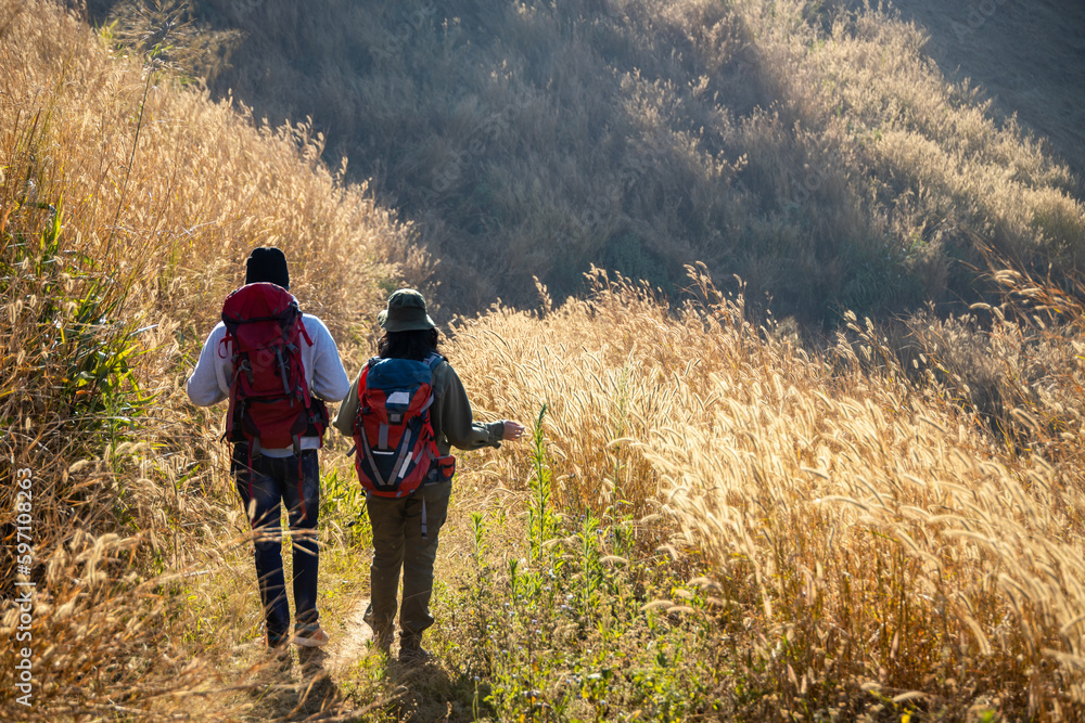 Fototapeta premium Happy Travelers Hiking with Backpacks on the Beautiful Rocky Trail at Warm Sunny. Hikers with backpacks walks in mountains. travel in the mountains with backpacks. Travel in the mountain with backpack