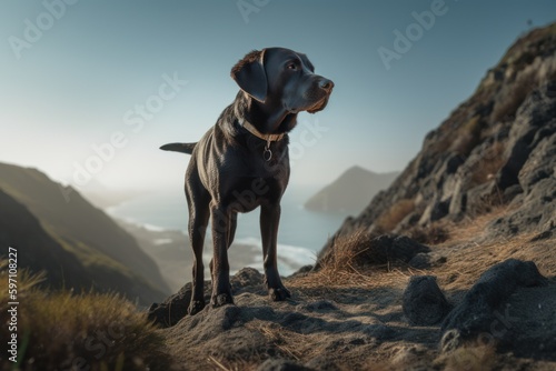 Environmental portrait photography of an aggressive labrador retriever being on a mountain peak against a beach background. With generative AI technology