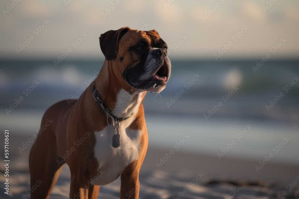 Full-length portrait photography of an aggressive boxer dog biting his ...