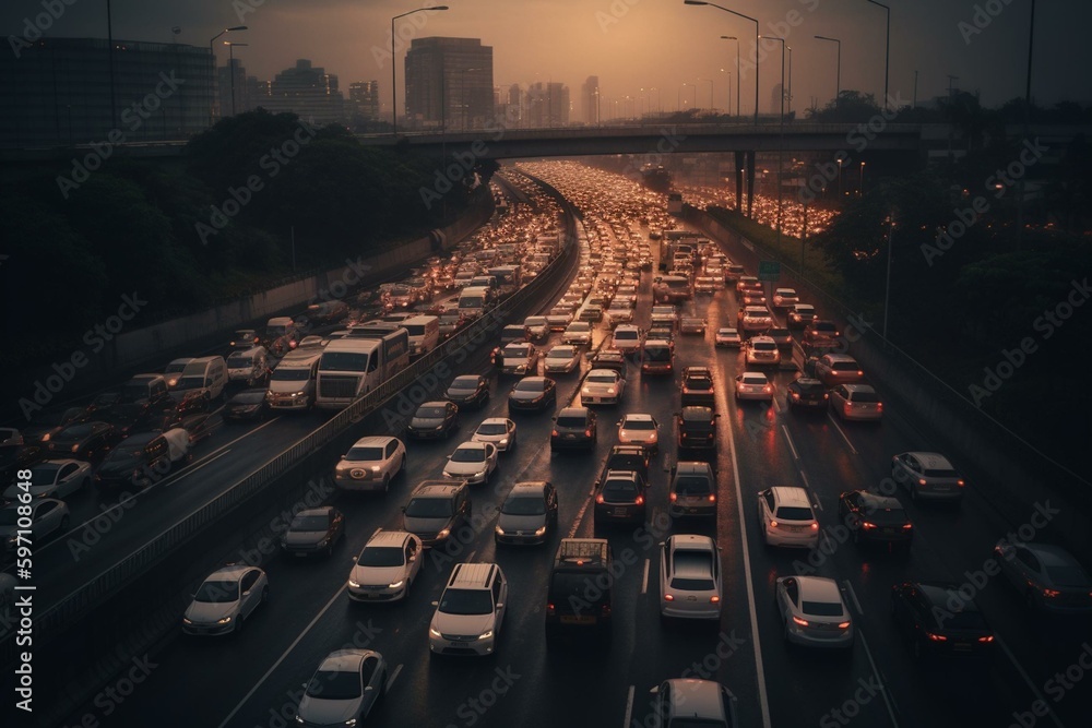 Evening rush hour causes gridlock on the freeway. Generative AI