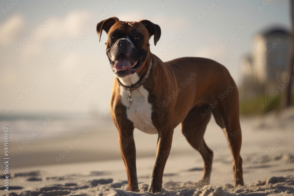 Full-length portrait photography of an aggressive boxer dog biting his ...