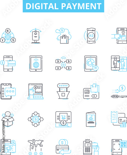 Digital payment vector line icons set. Digital, Payment, E-pay, Cashless, Online, Transfer, Mobile illustration outline concept symbols and signs
