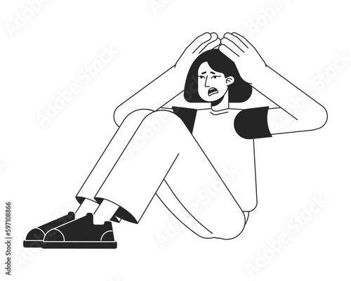 Shocked girl sitting and holding head flat line black white vector character. Editable isolated outline full body person. Simple cartoon style spot illustration for web graphic design, animation