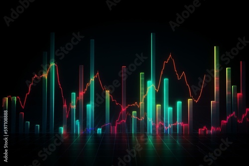 A neon colored background showcases a financial graph with a trend line and candlestick chart detailing stock market activity. Generative AI