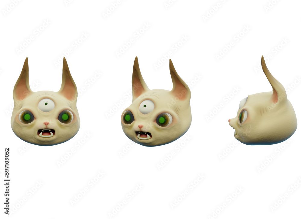 set of cartoon monsters cat head on transparent background - 3d render illustration set of cartoon monsters cat head on transparent background - 3d render illustration